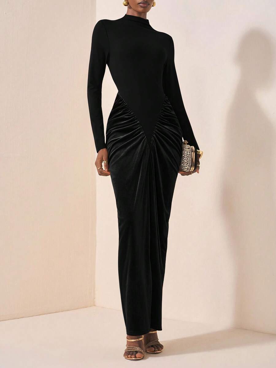 Zivah New Spring/Summer New Arrival Music Festival, Easter, St. Patrick's Day, Western, Nomadic, Birthday Party, Graduation, College, Student, Casual, Daily Wear, Basic, Leisure, Vacation, Cruise, Beach, Sunbathing, Viral , Streetwear, Wedding Guest, Boho, Commute, Brunch, Airport, Y2K, Vintage Ruffle Neck Long Sleeve Waist Splice Velvet Maxi Dress - Brown ,Wedding Guest Dress Women - Black - View 1