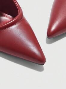 CUCCOO BIZCHIC 女士尖头细高跟鞋，优雅通勤工作办公室正式场合鞋，勃艮第酒红色 PU 皮革穆勒鞋，带金属新月形扣装饰 - 酒紅色 - 查看 7