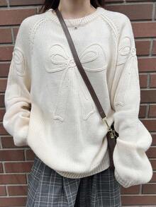 FRIFUL Women's Solid Color Round Neck Raglan Sleeve Bow Crochet Design Loose Casual Versatile Sweater, Autumn/Winter - Beige - View 6
