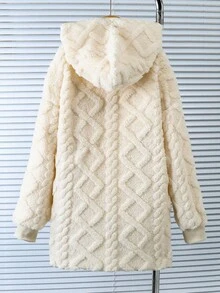 SHEIN Sudadera con capucha de manga larga y largo medio con línea A de unicolor esponjoso para niñas/adolescentes, adecuado para salidas y uso en casa, otoño/invierno