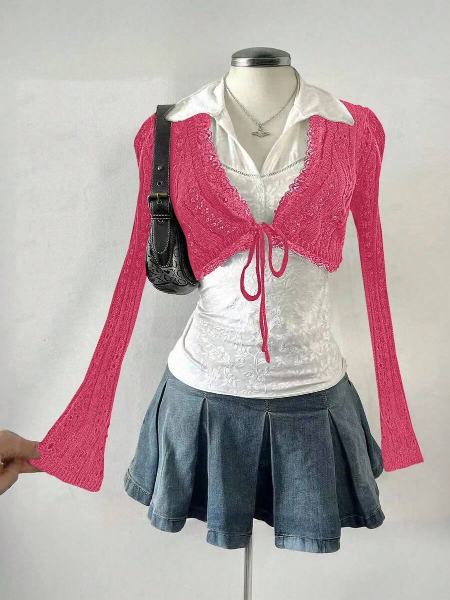 Celisse Women's Autumn Contrast Lace Long Sleeve Tie Front Cropped Cardigan - Hot Pink - View 1