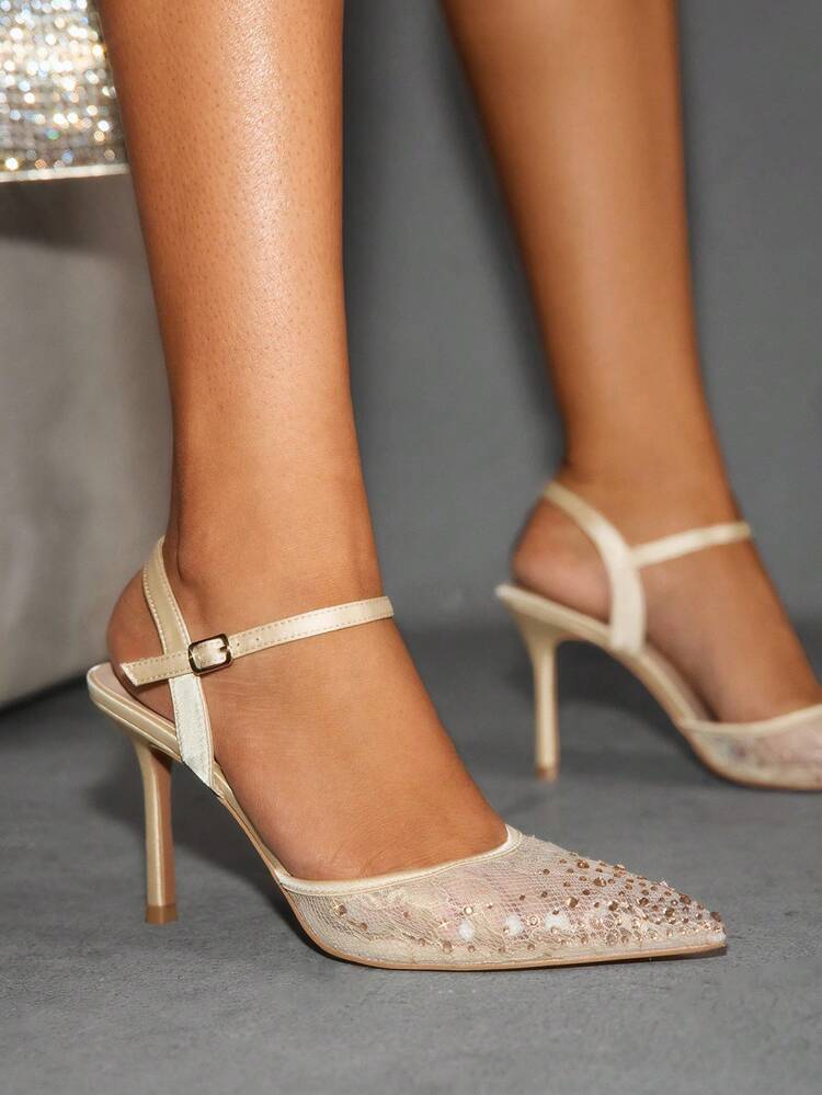 CUCCOO SZL Satin Mesh Rhinestone Pointed Toe Fashionable Elegant Sexy Elegant Banquet Wedding Fine High Heel Buckle Hollow Out Pumps