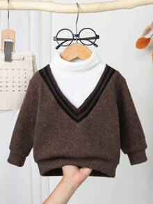 SHEIN Sweater Rajut 2 in 1 Leher V untuk Bayi Laki-laki, Pullover Rajut Kerah Tinggi untuk Musim Gugur/Dingin - Coklat - View 7