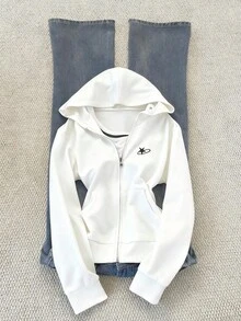 Noixe Women's Casual Versatile Embroidered Hooded Slim Fit Sweatshirt