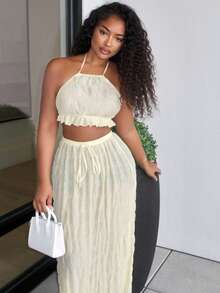 Alexandranx 女士优雅浪漫约会度假海边度假海滩白色套装纯色褶皱露背短款吊带上衣和长裙夏季度假罩衫 - 黃色 - 查看 1