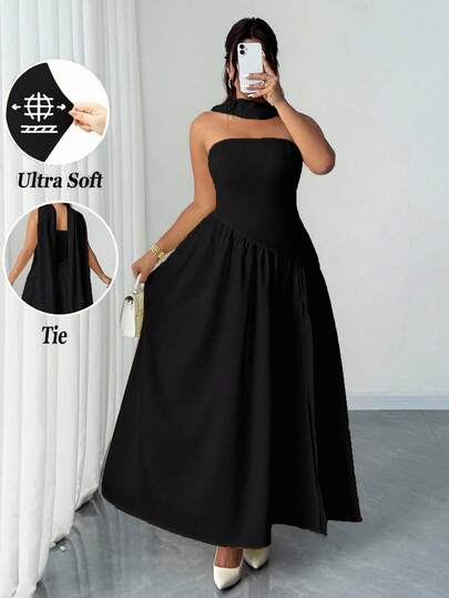 Elenzga 大码女式优雅纯色露肩不对称下摆开叉下摆百搭设计感派对连衣裙，浪漫约会长款连衣裙