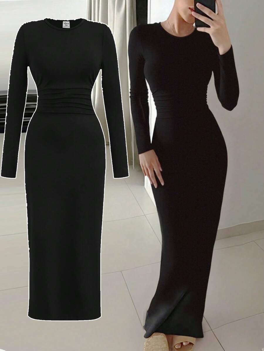 SHEIN Vestido negro de manga larga con pliegues en la cintura, unicolor, versátil y minimalista para adolescentes - Negro - Ver 1