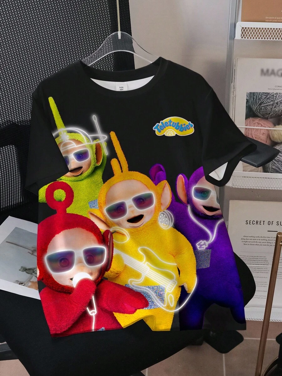 Teletubbies X SHEIN Men's Cartoon Pattern Black Crew Neck Short Sleeve T-Shirt