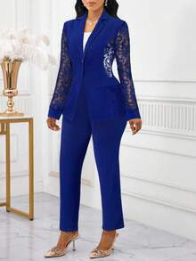 SHEIN Lady 2025新款四季钴蓝色西装套装蕾丝拼接西装套装女士西服套装秋冬装女装 - 寶藍色 - 查看 1