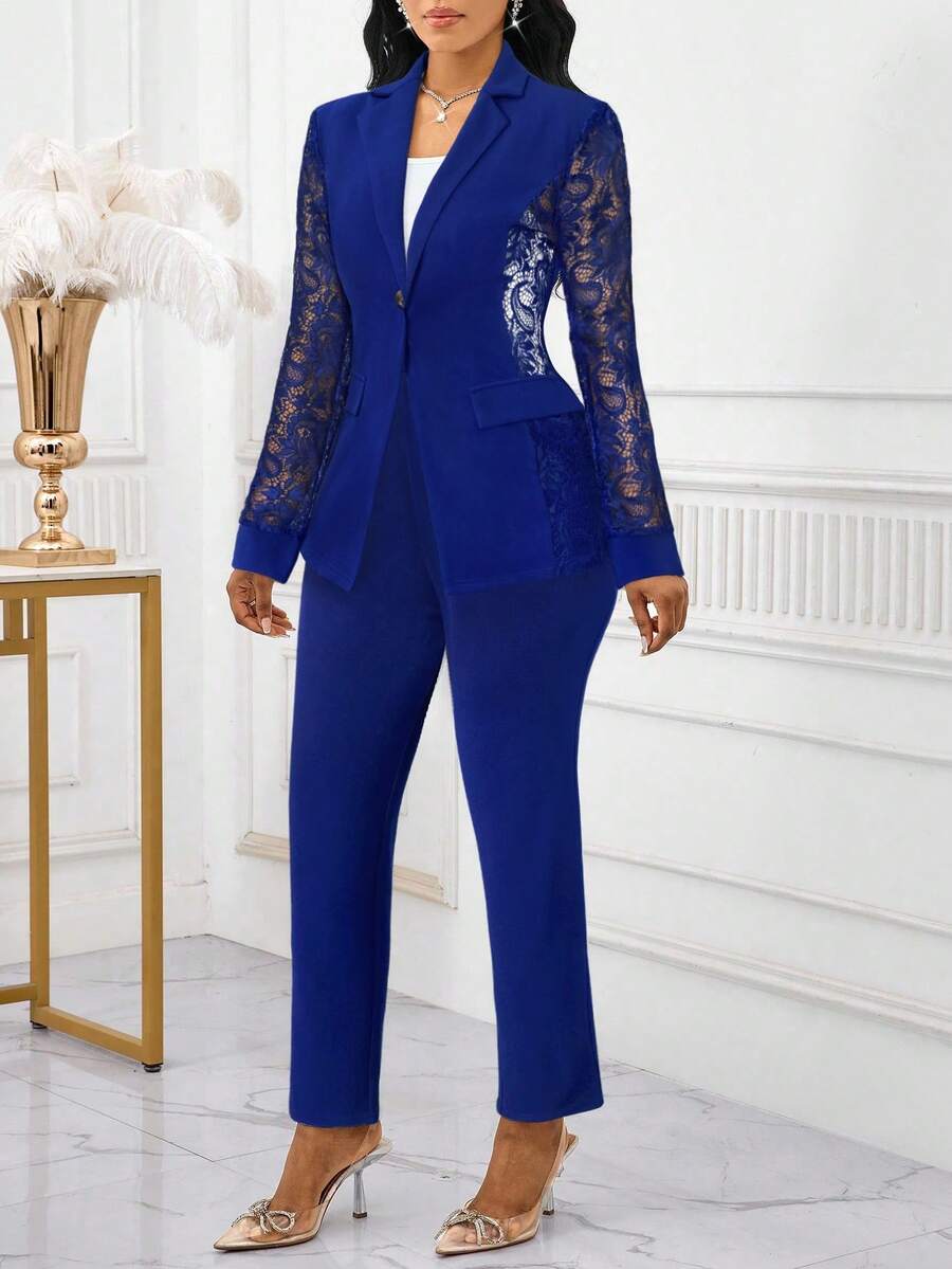 SHEIN Lady 2025新款四季钴蓝色西装套装蕾丝拼接西装套装女士西服套装秋冬装女装 - 寶藍色 - 查看 1