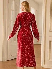 Chiquease Textured Fabric Wrap V-Neck Cinched Waist Waist Decor Long Sleeve Mermaid Dress For Women - Red - View 2