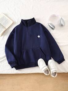 Genkimix Kids 适合大龄女孩秋冬季的超大蓝色星星图案休闲街头风卫衣 - 藏蓝色 - 查看 1