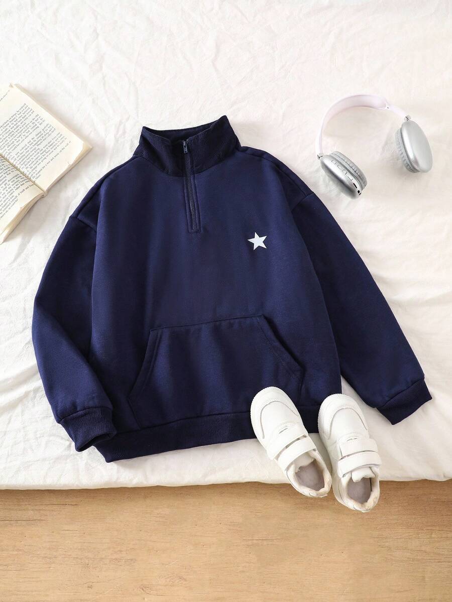 Genkimix Kids 适合大龄女孩秋冬季的超大蓝色星星图案休闲街头风卫衣 - 藏蓝色 - 查看 1