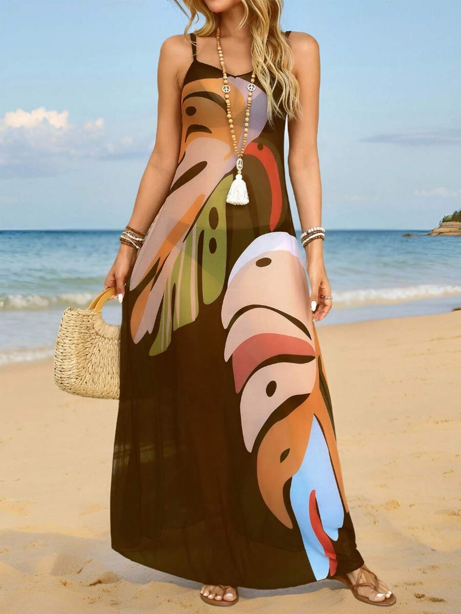 Swim Vcay Trang phục mùa hè cho nữ Áo choàng đi biển họa tiết cây nhiệt đới dành cho nữ mùa hè có dây đeo có thể điều chỉnh - Cà phê nâu - Xem 1