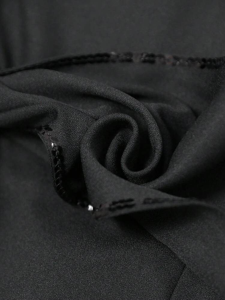 Women's Lapel NeckLong Sleeve Waist Tie-Knot Sequin Trim Elegant Mid-Length Dress Going Out Outfit Dresses For Going Out Fall Dresses For Women Autumn Clothes Fall Clothes Elegant Dresses For Women Sequin Dress  Black Dress Women Outfit Date Night New Year Dress