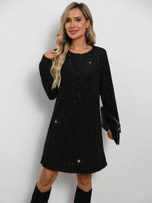 EMERY ROSE 休闲宽松圆领长袖女式短款连衣裙 - 黑色 - 查看 4