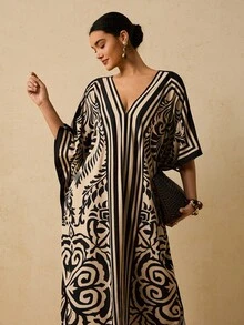 Travachic Vestido Vintage Colorblock Solto Versátil de Decote em V Plus Size