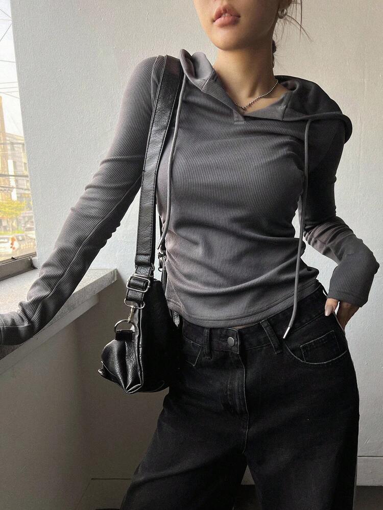 Solid Drawstring Crop Hooded Tee,Fall Clothes,Back To School Clothes Long Sleeve Women Tops