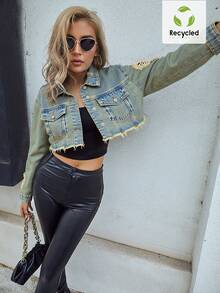 SHEIN ICON 做旧下摆磨边纽扣前襟休闲长袖牛仔夹克 - 藍色 - 查看 5