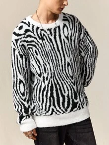 ROMWE MEN Street Life Jersey de cuello redondo casual con estampado de cebra para hombre, otoño/invierno - Blanco y Negro - Ver 7