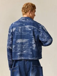 ROMWE MEN Street Life Men's Casual Fashion Street Full Print Zip-Up Denim Jacket, Spring/Autumn - Blue - View 3