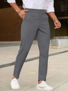 Manfinity Homme Men's Solid Color Pocketed Straight Loose Casual Pants, Versatile, Fall - Dark Grey - View 3