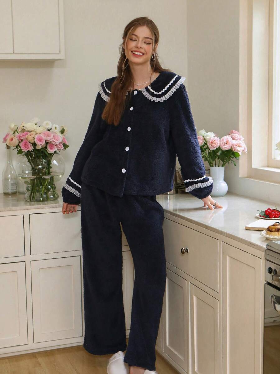 Snug Reverie Women's Peter-Pan Collar Faux Fur Patchwork Contrast Color Lace Ruffle Trim Long Sleeve Top & Pants Pajama Set, Fall/Winter Clothes, Christmas, Fluffy, Cozy - Navy Blue - View 1