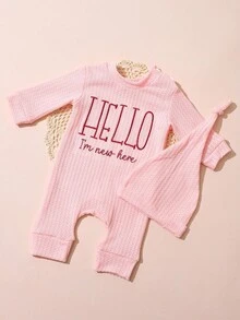 SHEIN New Born Photography Outfits Baby Boys Girls "HELLO" Embroidery Jumpsuit And Hat 2pcs Set, Infant 1 Month 100 Days Photo Studio Shooting Props Fall Winter