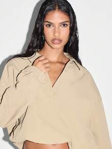 KIZN Nylon Collared Long Sleeve Crop Blouse Retro Y2K Fashion Loose Fit Button Down Casual Fall Winter Streetwear Top - Yellow - View 5