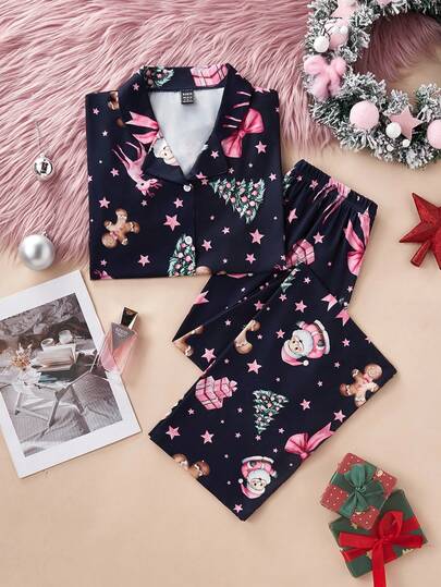 女士舒适短袖开衫睡衣套装，带有圣诞鹿、圣诞树、圣诞礼物、圣诞蝴蝶结、姜饼元素，海军蓝和粉色
