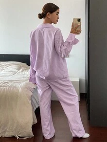 DAZY Simple Stripe Woven Label Decorated Long Sleeve Casual Top And Pants Pajama Set, Fall Winter Clothes - Purple - View 2