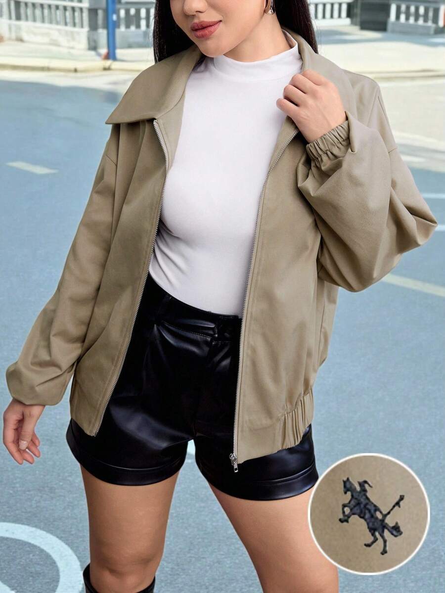 Lacomfia Women's Khaki Utility Jacket With Embroidery, Vintage Loose Fit Zip-Up Outerwear For Autumn - Khaki - View 1
