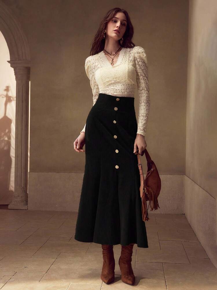 CORDUROY BUTTON DECOR BIAS CUT SKIRT