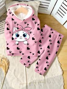 Sparklyn 2pcs/Set Girls Casual Fashionable Creative Heart & Cute Cat Graphic Print Hoodie Sweatshirt And Sweatpants Set, Suitable For Autumn/Winter Fall - Multicolor - View 4