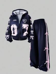 2 件套青少年女孩休闲蝴蝶结连帽拉链夹克和阔腿裤保暖内衬套装，秋冬 - 寶藍色 - 查看 4