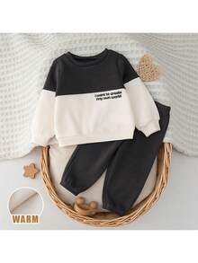 Loomiva 2pcs Baby Boy Apricot & Gray Contrast Letter Graphic Soft Knit Crew Neck Long Sleeve Hoodie And Elastic Waist Pants Set, Suitable For Autumn/Winter, For Casual, Outdoor And Home Wear, Versatile All-Match - Multicolor - View 1