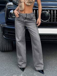 SHEIN Cottnline Thắt lưng quần jean ống đứng dáng rộng cạp thấp chi tiết - Xám - Xem 4