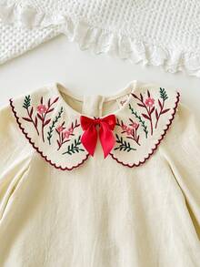 Cozy Pixies Baby Girl Floral Print Ruffle Collar Long Sleeve Cinched Waist Dress Fall Winter Cream Baby Girl Dress Baby Vintage Dress Beige Dresses For Baby Girls Baby Winter Dress Beige Toddler Dress