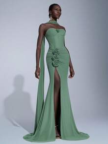 Elitara Váy suông hở vai họa tiết hoa 3D sang trọng, thanh lịch, sang trọng, thích hợp cho đám cưới, tiệc tùng, kỳ nghỉ, dạ hội, sự kiện trang trọng - Cỏ xanh - Xem 7