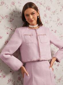 Enchnt Damen elegante Pendler Kontrast Saum Knopfleiste Boxy Jacke - Pink - Übersicht 3