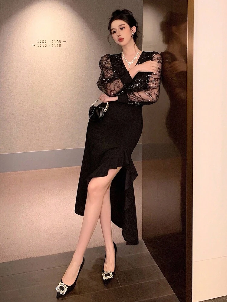 Women's Solid Color Mesh Patchwork Asymmetric Hem Elegant Long Sleeve Midi Dress Prom Dress,New Year