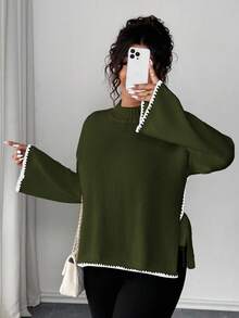 Elenzga Plus Size Casual Elegant Loose Colorblock Pullover Sweater - Army Green - View 6