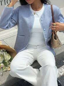 SHEIN Frenchy 女款條紋長袖單排扣口袋休閒寬鬆冬季大衣，淺藍色，冬季，優雅，日常，秋季聖誕新年派對大衣 - 淺藍色 - 查看 1