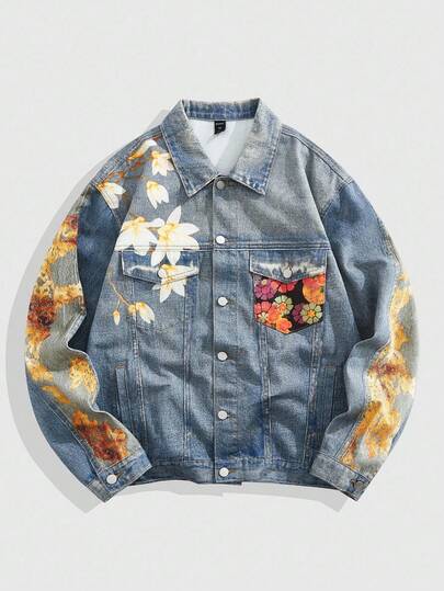Street Life جاكيت جينز كاجوال أحادية الصدر بأكمام طويلة وطبعات زهرية، خريفية