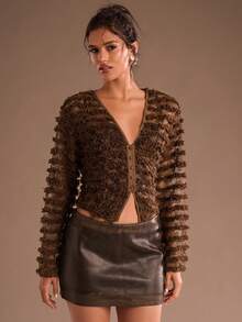 Glamine Women's Autumn Knitted Embroidered Lightweight Jacket - Brown - View 3