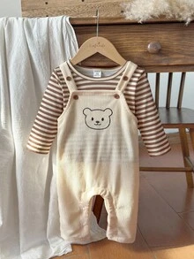 Vintaside Kids 2pcs/Set Casual Comfortable Striped Long Sleeve Top And Bib Overall With Bear Embroidery Jumpsuit For Toddler Boys Fall Winter