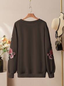 Lacomfia Casual Solid Color Round Neck Patch Sleeve Loose Regular Sweatshirt, Plus Size, Spring/Autumn - Brown - View 2