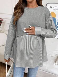 SHEIN 孕妇休闲通勤拼布条纹二合一运动衫，春秋季 - 灰色 - 查看 3