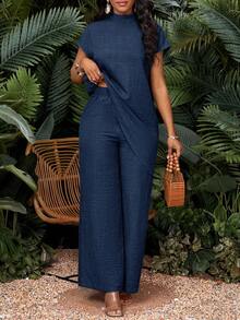SHEIN Lady 2025 New Plus Size Navy Blue Solid Color Stand Collar Short Sleeve Asymmetrical Hem Textured Fabric Top And Pants 2 Pieces Set  Navy Blue Wide Leg Pants Two Piece Blouses For Women Women's Set Elegant Women's Set