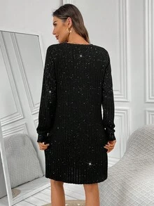 EMERY ROSE 休闲宽松圆领长袖女式短款连衣裙 - 黑色 - 查看 2